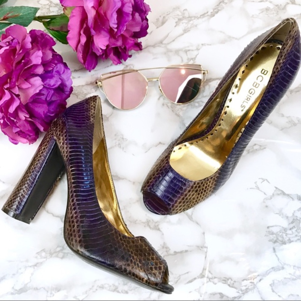 BCBGirls Leather Snake Print Block Heels
